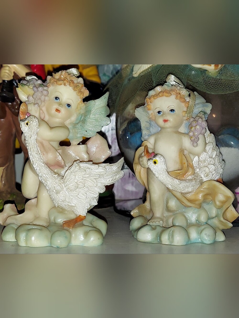 Porcelain Cherub With Swan Figurines Set